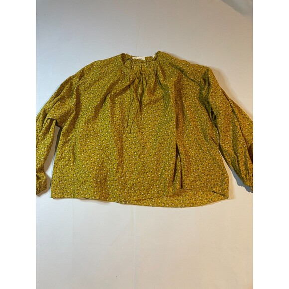 Doen Blouse Top Womens Size XS Mustard Yellow Floral Tie Neck Long Sleeve Boho - Picture 1 of 5